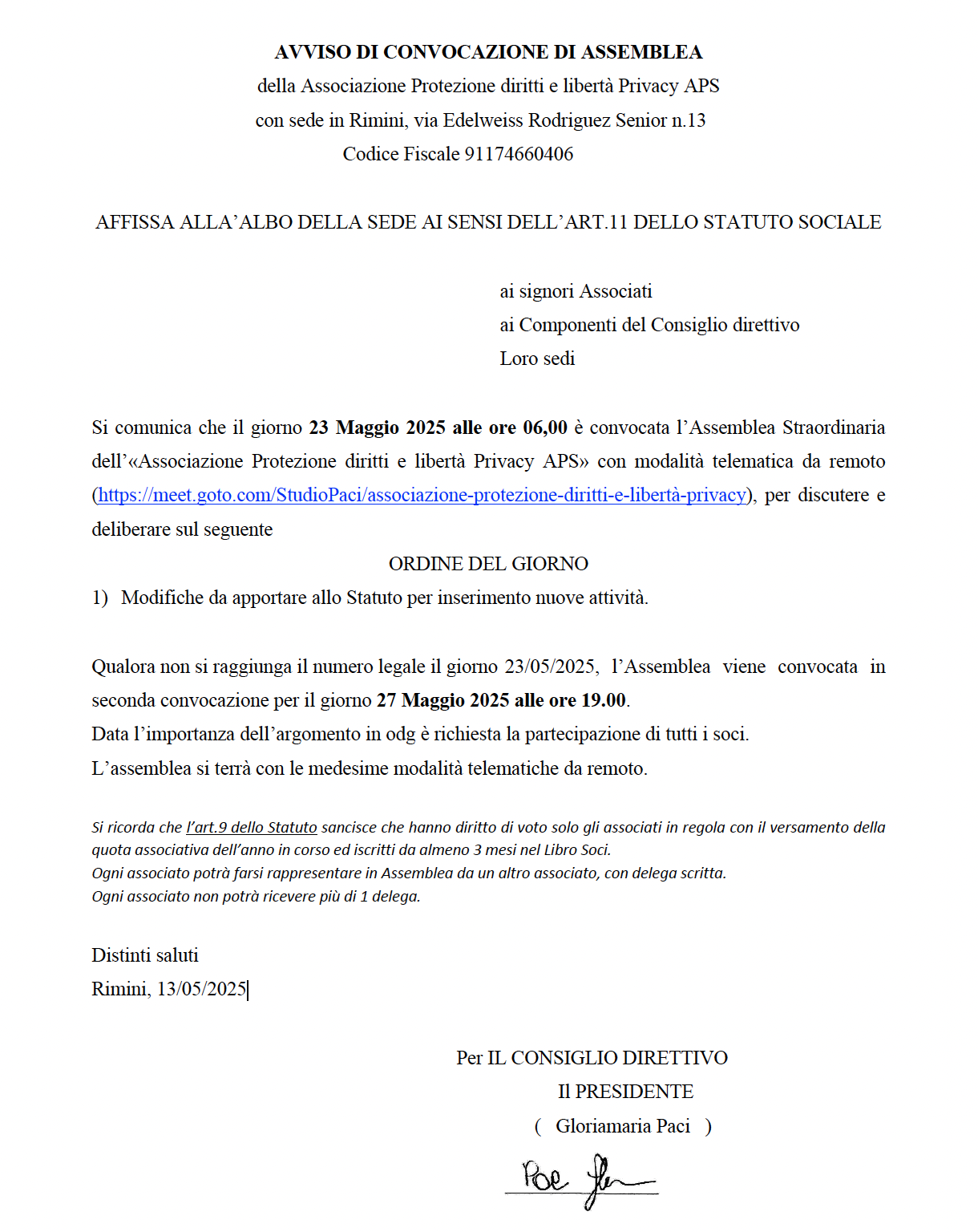 Convocazione Assemblea Straordinaria Maggio 2025